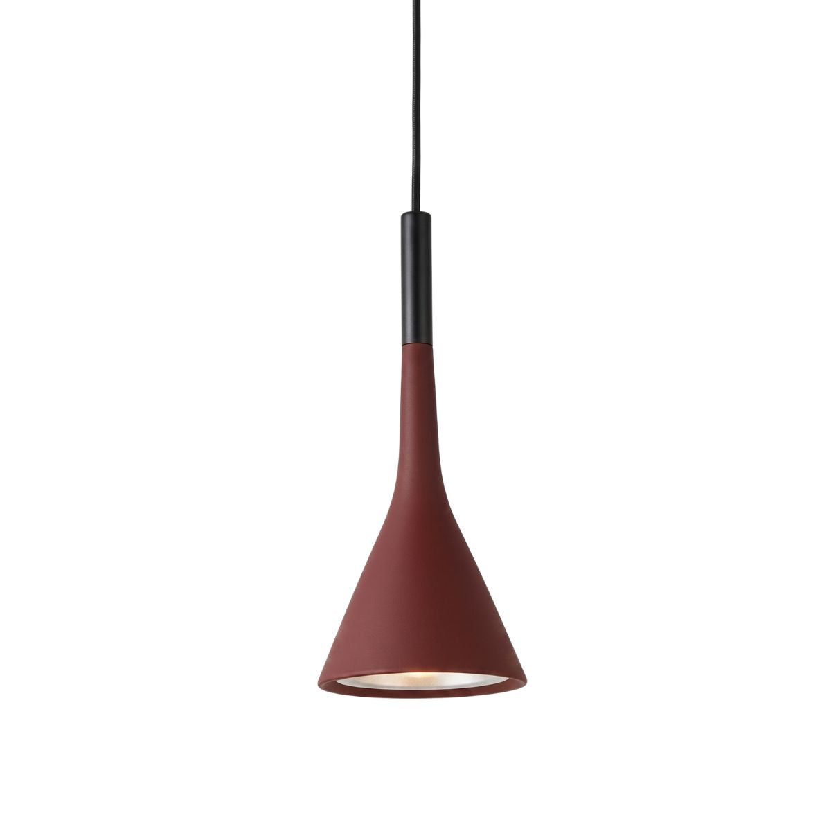 A modern pendant light with a matte terracotta red conical shade, a black cylindrical neck, and a black hanging cord, shown against a plain white background.