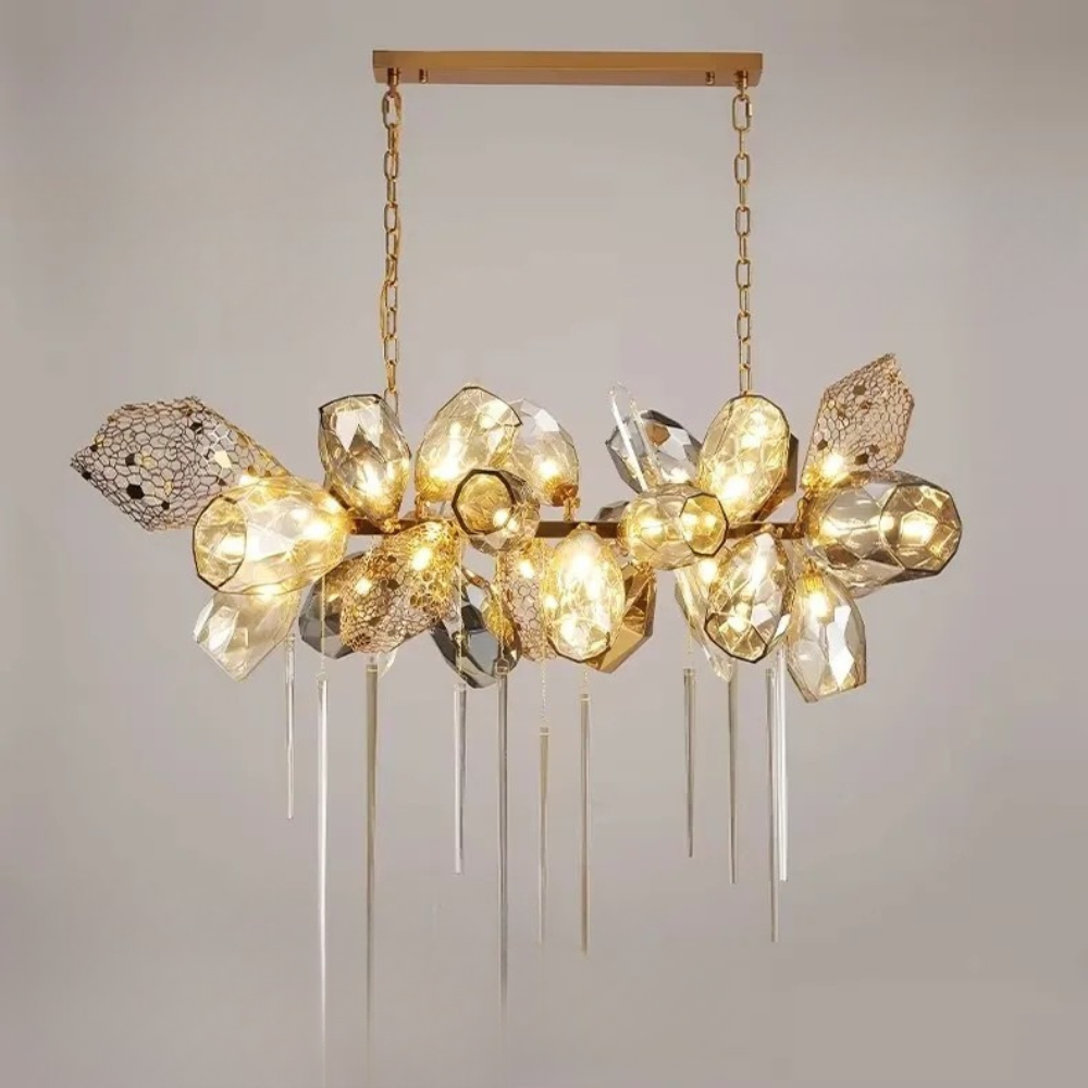 Éclat Lumière luxury chandelier with K9 crystal, golden cognac and smoky grey glass, stainless steel designer lighting fixture