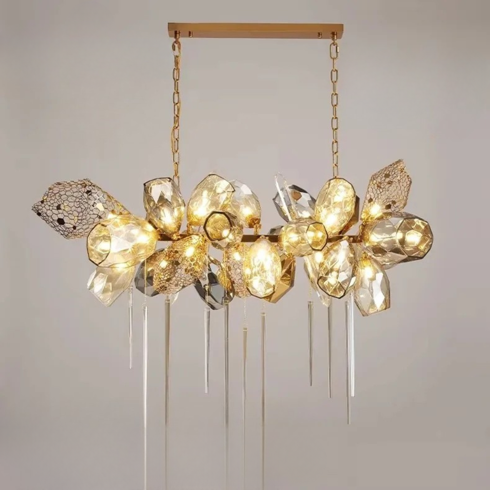 Éclat Lumière luxury chandelier with K9 crystal, golden cognac and smoky grey glass, stainless steel designer lighting fixture