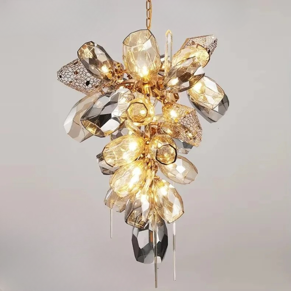 Éclat Lumière luxury chandelier with K9 crystal, golden cognac and smoky grey glass, stainless steel designer lighting fixture