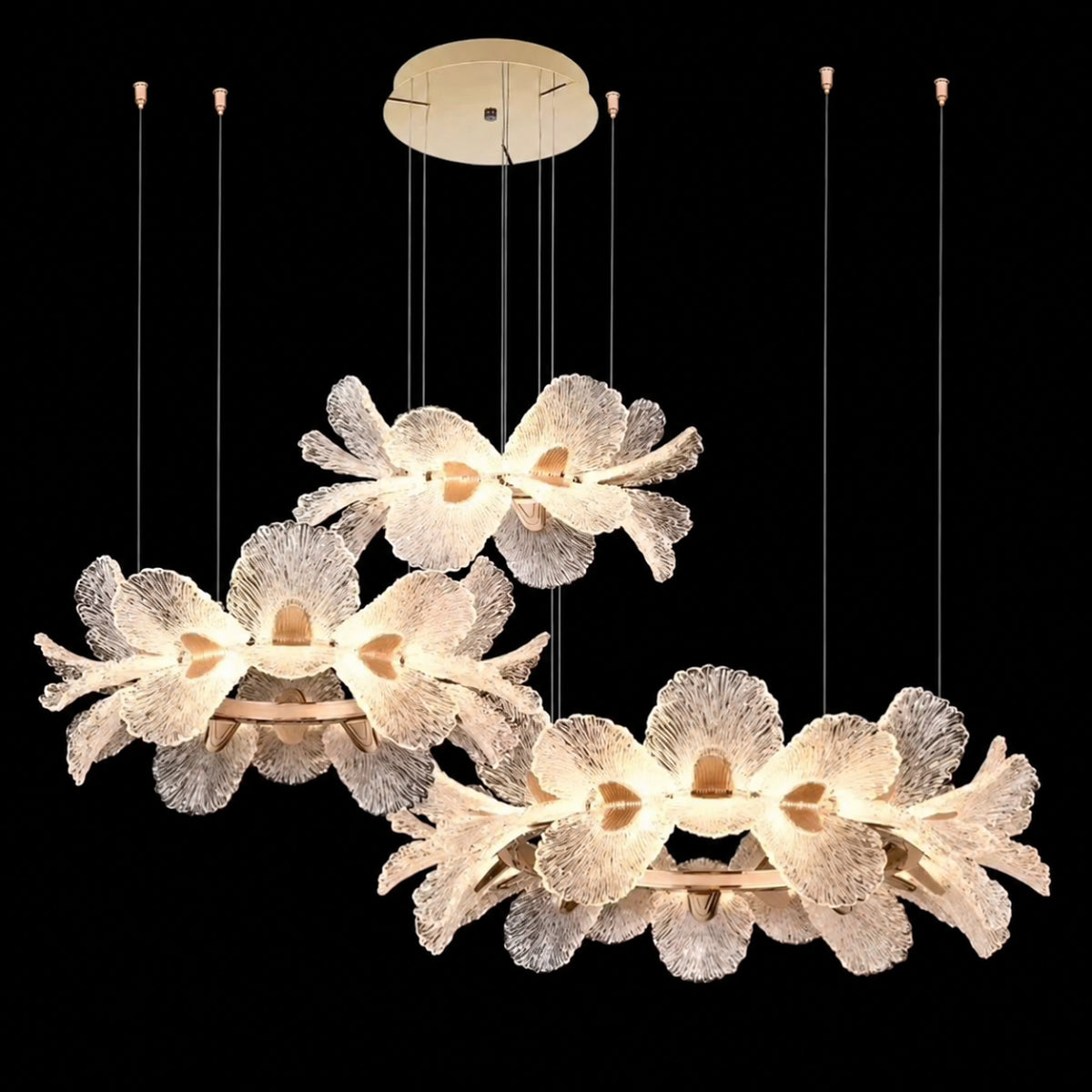 A multi-light floral chandelier with three clusters of flower-shaped glass shades suspended from a round ceiling canopy against a solid black background.