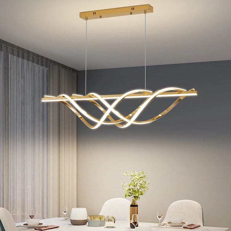 Linea modern Nordic chandelier in Black or Titanium Gold finish with sleek silhouette, dimmable LED lighting, and remote control — ideal for kitchens, dining rooms, or contemporary interiors.