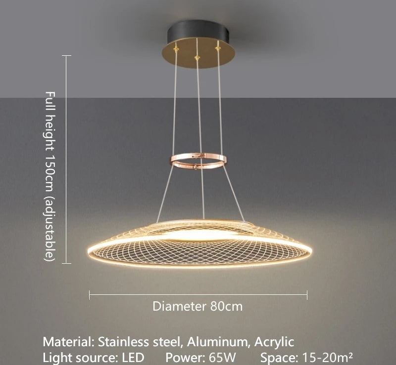 Dröme modern LED chandelier with sculptural acrylic rings and soft ambient glow, Nordic-style ceiling light ideal for living rooms, bedrooms, stairwells, and hotel lobbies.