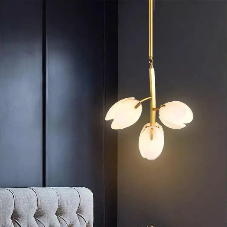 Modern Tulipe chandelier featuring flower-pod glass shades and copper finish, elegant LED hanging light fixture