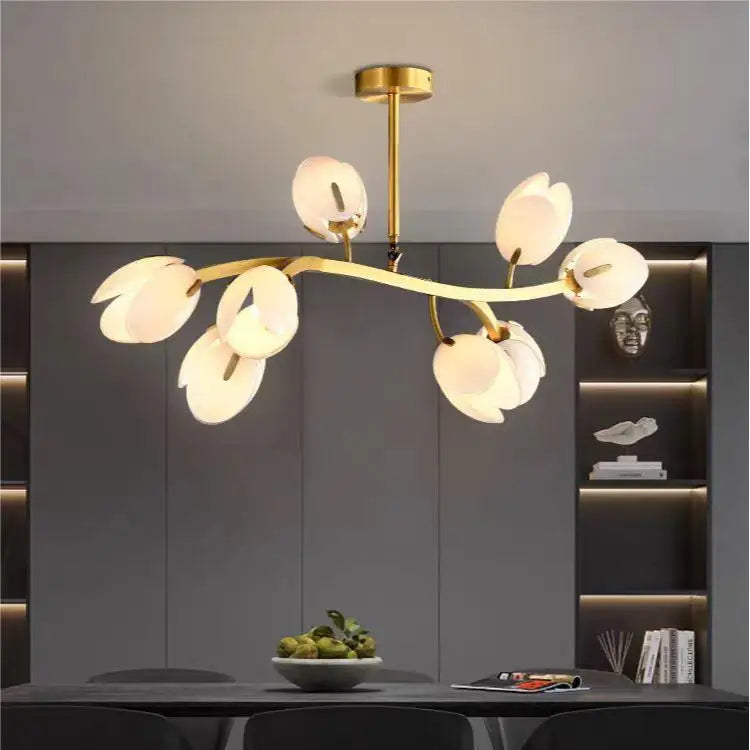 Modern Tulipe chandelier featuring flower-pod glass shades and copper finish, elegant LED hanging light fixture