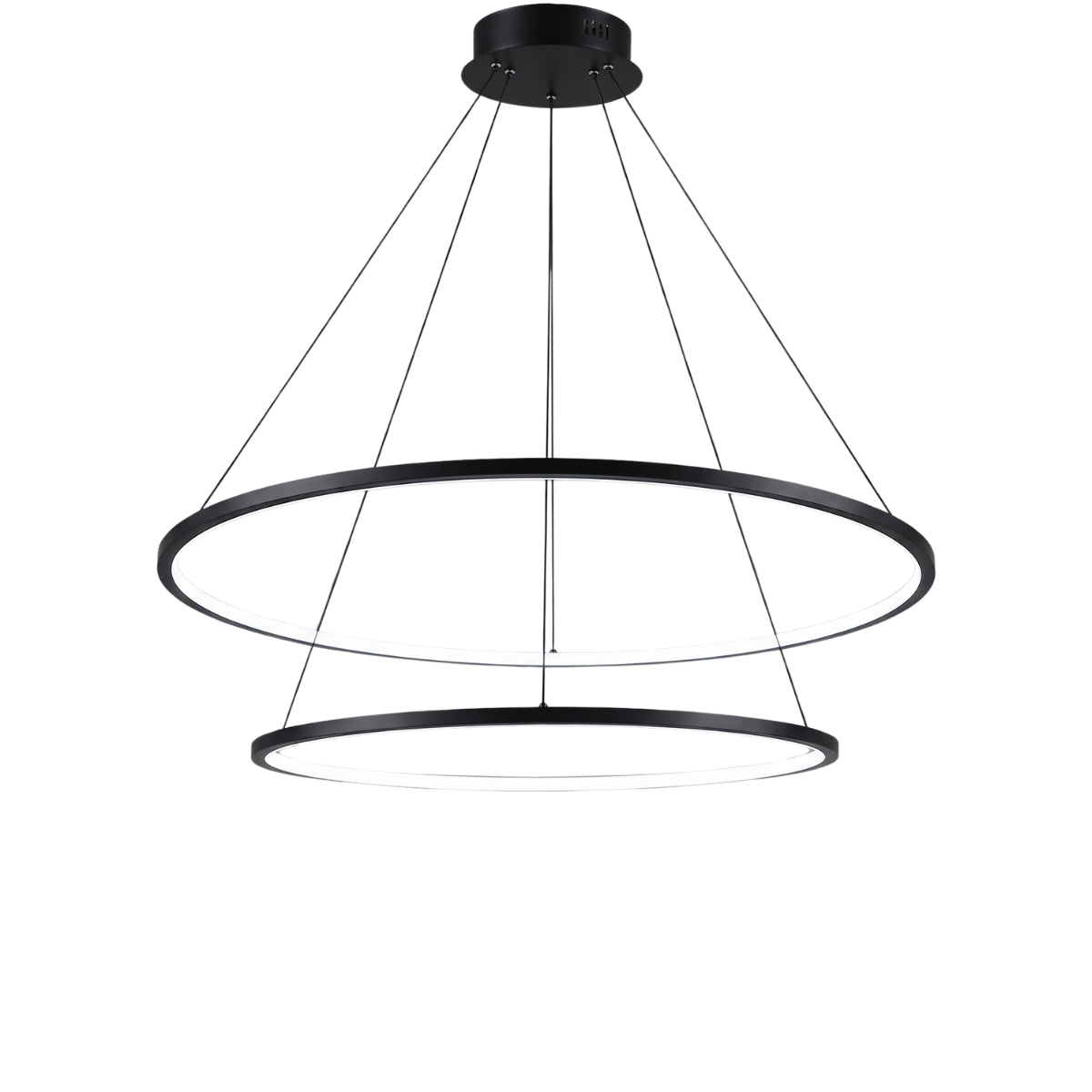 A modern black double-ring pendant chandelier with thin suspension wires, shown against a plain white background.