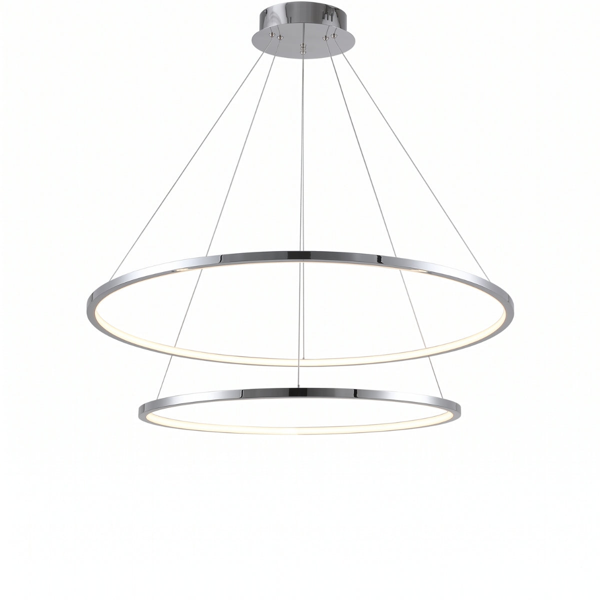 A modern two-ring LED pendant light with a polished chrome finish, suspended by thin cables from a circular ceiling canopy against a plain white background.
