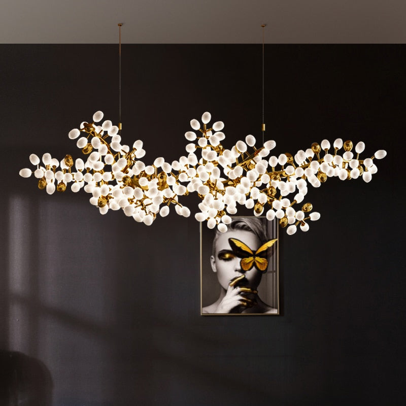 Lights of Scandinavia - Zygote High-quality white glass cluster chandelier. Organic-inspired design paired with luxury materials. Perfect for dining rooms, living areas, entrance halls, hotel areas, restaurants, etc. White glass clusters with base frame in French gold color or Raw copper.
