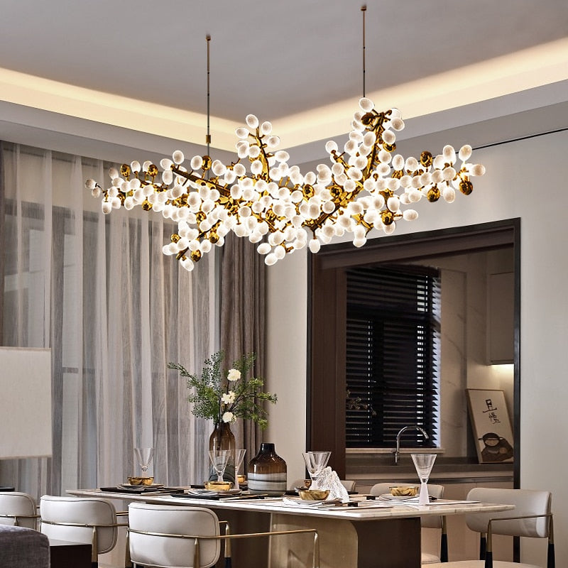 Lights of Scandinavia - Zygote High-quality white glass cluster chandelier. Organic-inspired design paired with luxury materials. Perfect for dining rooms, living areas, entrance halls, hotel areas, restaurants, etc. White glass clusters with base frame in French gold color or Raw copper.