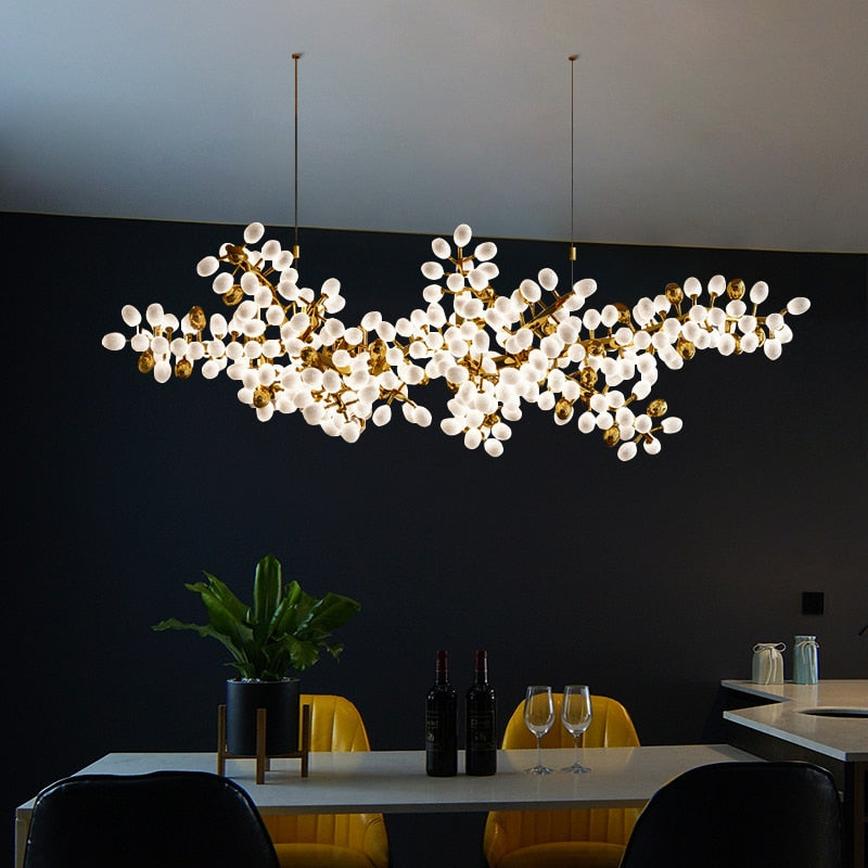 Lights of Scandinavia - Zygote High-quality white glass cluster chandelier. Organic-inspired design paired with luxury materials. Perfect for dining rooms, living areas, entrance halls, hotel areas, restaurants, etc. White glass clusters with base frame in French gold color or Raw copper.