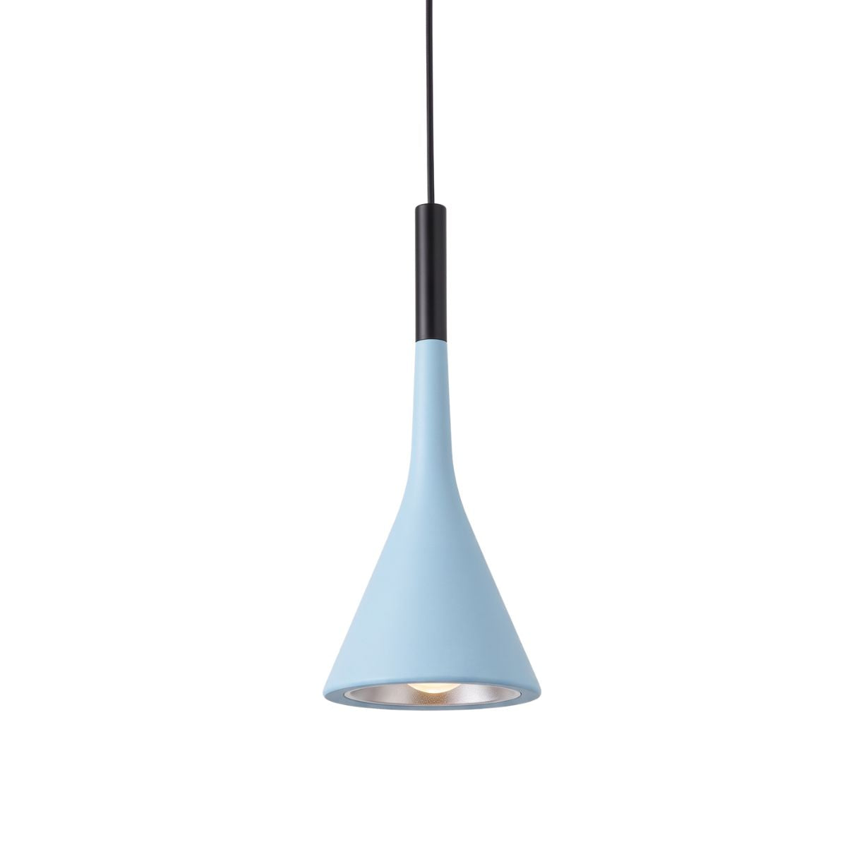 A modern pendant light with a light blue conical shade, a matte black cylindrical neck, and a thin black suspension cord, shown against a plain white background.