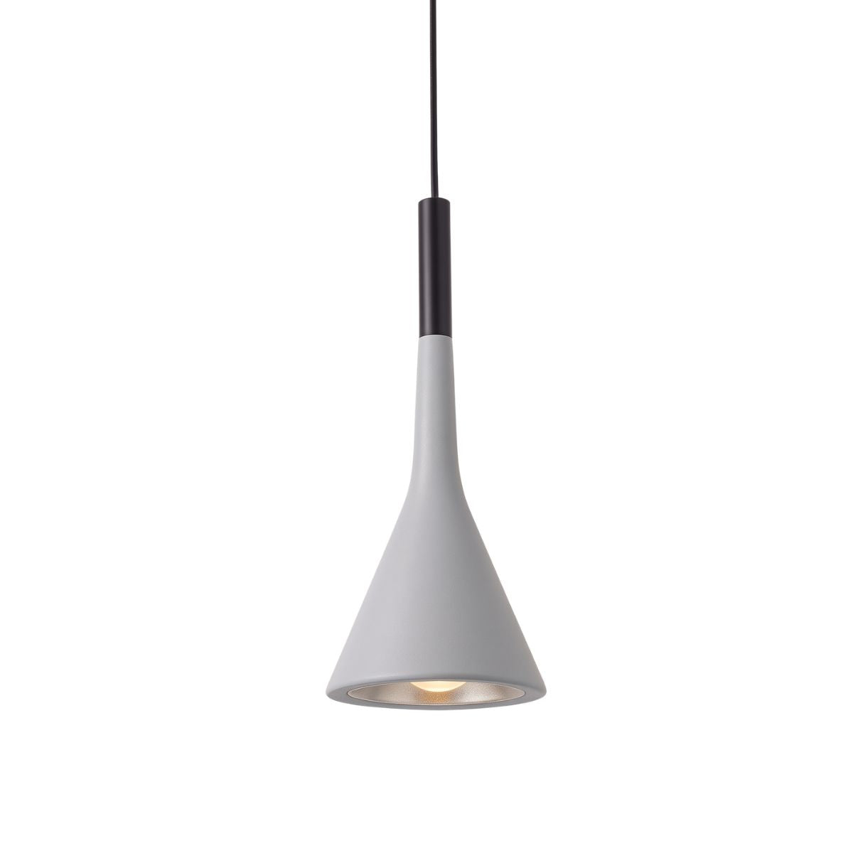 A modern pendant light with a grey conical shade, a black cylindrical neck, and a black hanging cord, shown against a plain white background.