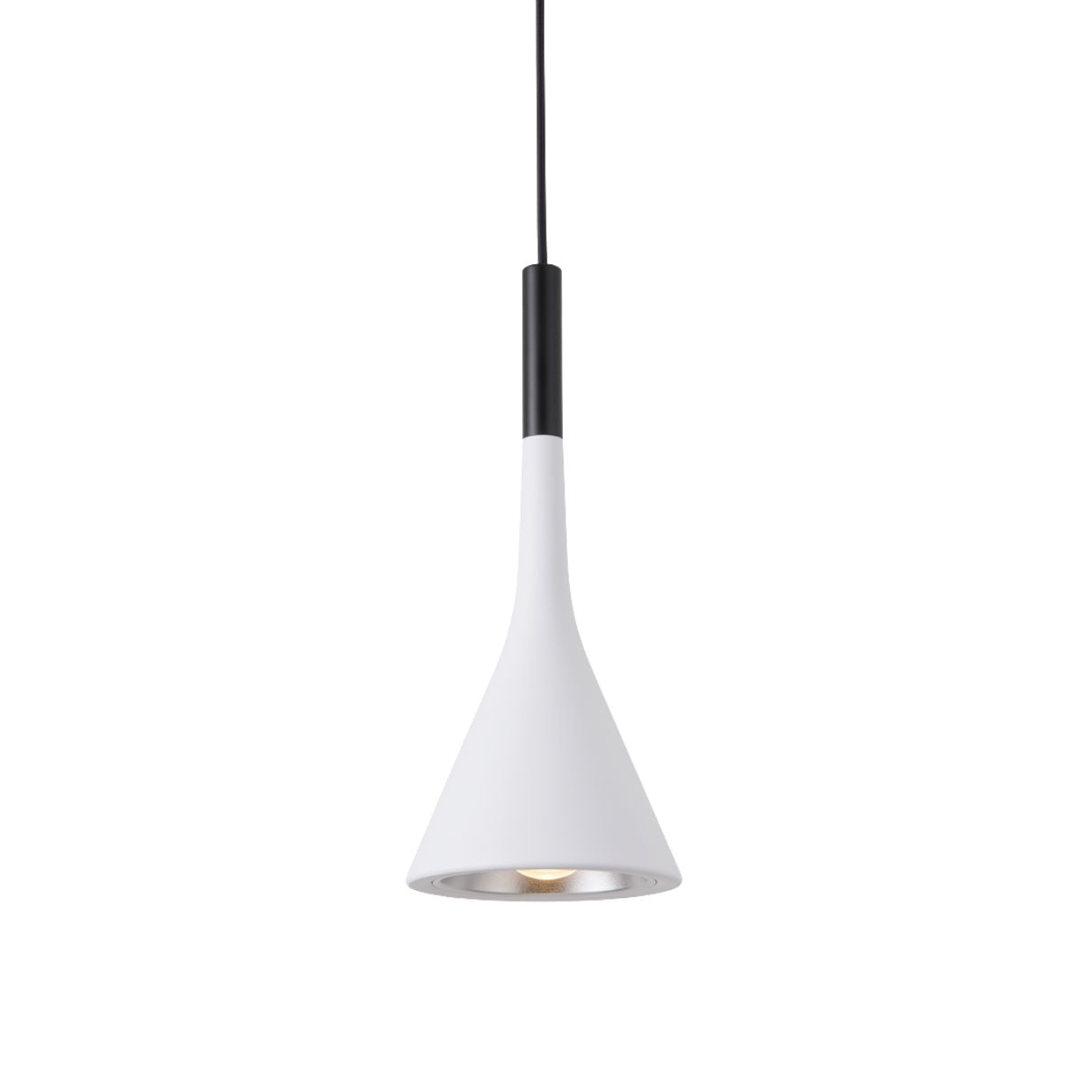 A modern pendant light with a white conical shade, a black cylindrical neck, and a black hanging cord, shown against a plain white background.