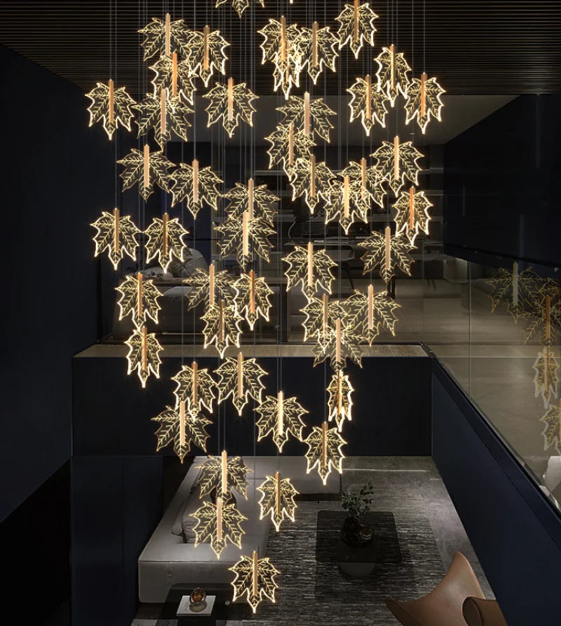 Contemporary Drummondii LED Staircase Chandelier by Lights of Scandinavia, inspired by the elegance of maple leaves, ideal for duplex building halls. Combines Nordic artistry with modern design and advanced LED technology to create an inviting ambiance.