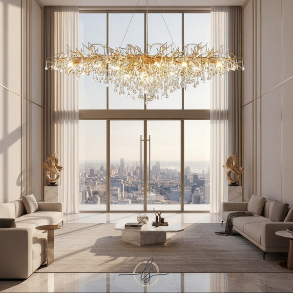 Ooze crystal chandelier by Lights of Scandinavia featured in Hollywood film It Ends With Us, luxury gold and silver K9 crystal lighting with drop-shaped accents and LED bulbs.