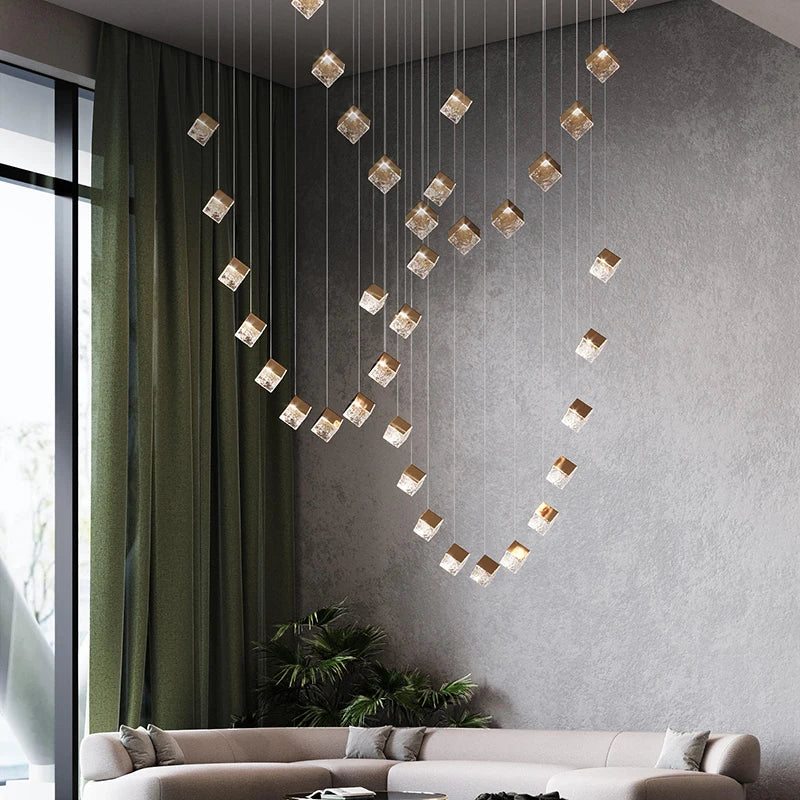 Robox Modern Stair Chandelier with LED lighting, adjustable warm/cold light, and creative glass blocks. Ideal for villas, duplexes, and restaurants, enhancing interiors with Scandinavian elegance and contemporary design.