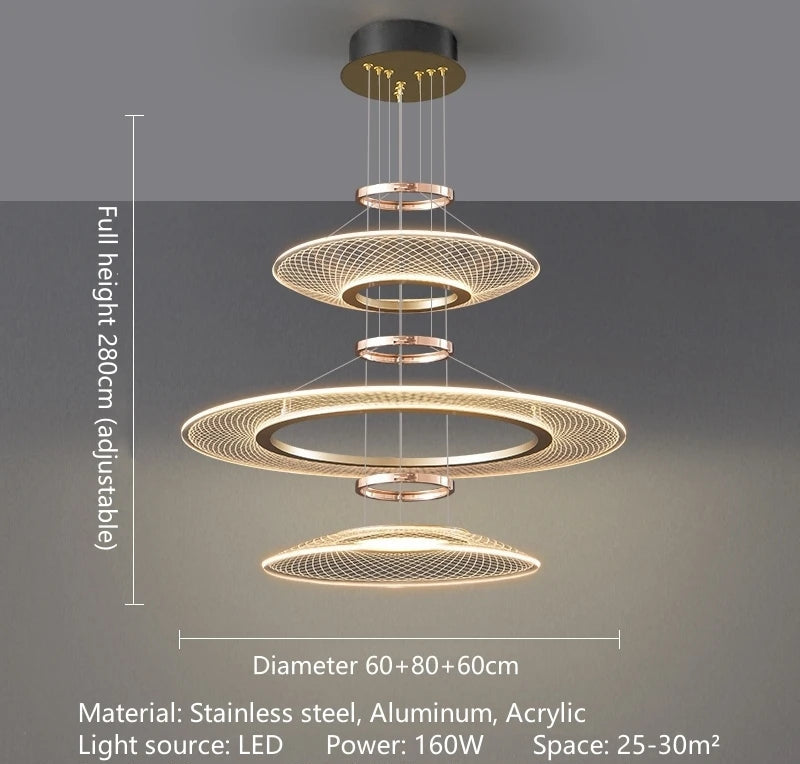 Dröme modern LED chandelier with sculptural acrylic rings and soft ambient glow, Nordic-style ceiling light ideal for living rooms, bedrooms, stairwells, and hotel lobbies.