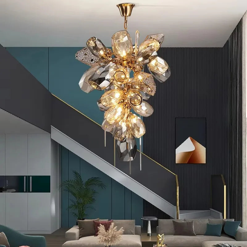 Éclat Lumière luxury chandelier with K9 crystal, golden cognac and smoky grey glass, stainless steel designer lighting fixture