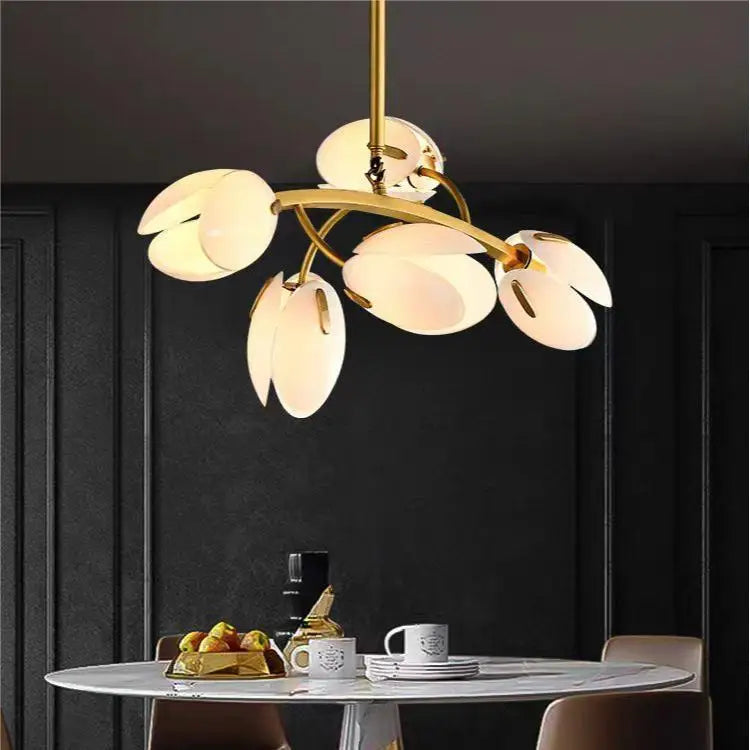 Modern Tulipe chandelier featuring flower-pod glass shades and copper finish, elegant LED hanging light fixture