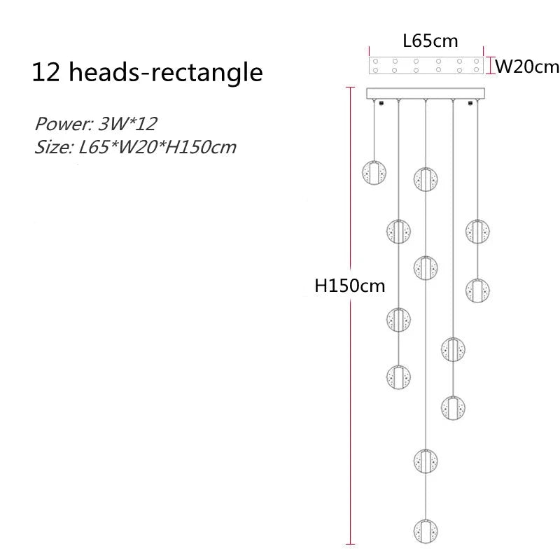 Polar Ball Stairs Chandelier with stainless steel frame and shimmering glass balls, showcasing modern design and icy elegance. Features energy-efficient LED G4 bulbs for bright, long-lasting illumination in contemporary interiors.