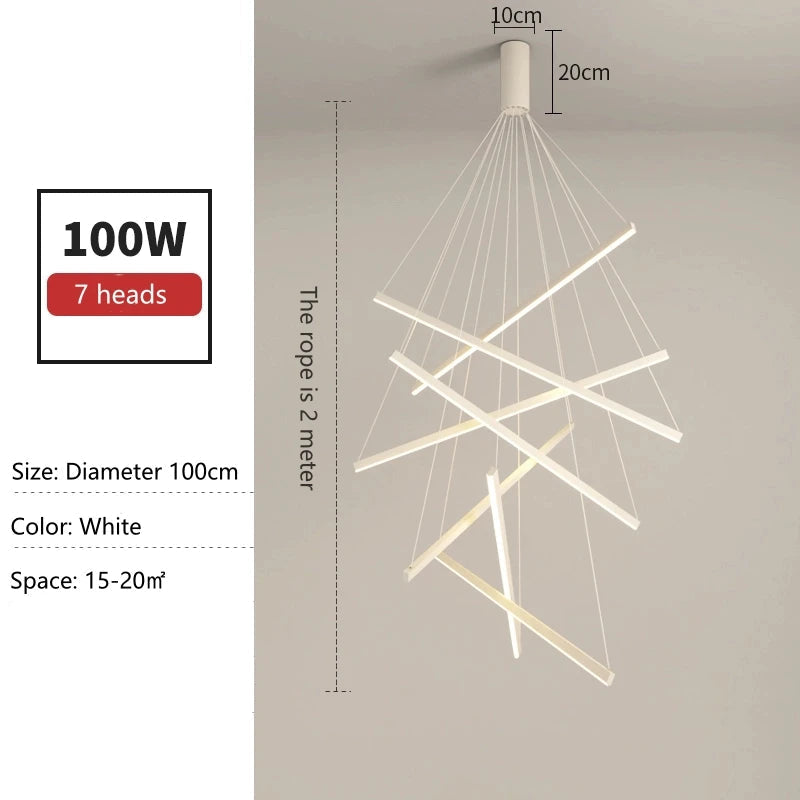 Tronix Modern Nordic LED Chandelier – sleek hanging light with iron, aluminum, and silicone body, energy-efficient LED chip, perfect for staircases, living rooms, dining areas, bedrooms, lobbies, and restaurants.