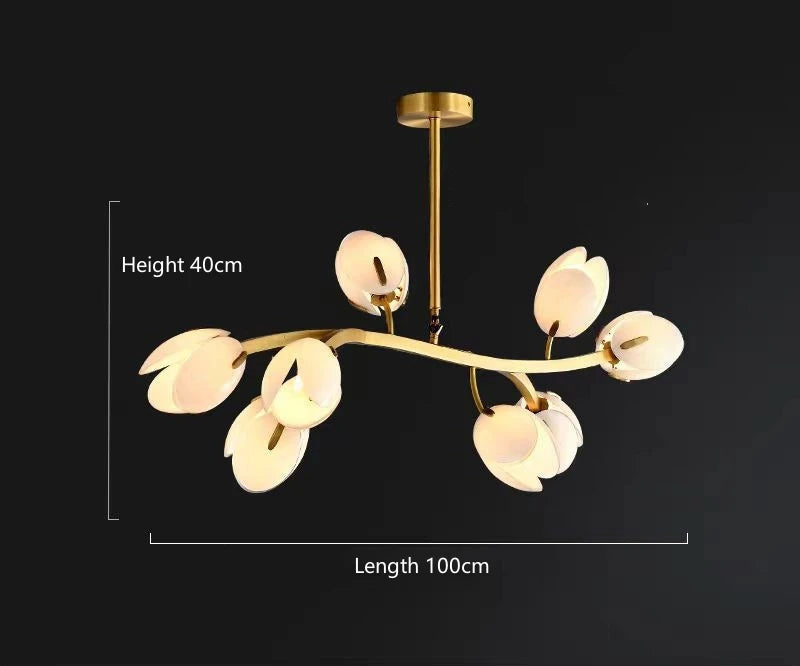 Modern Tulipe chandelier featuring flower-pod glass shades and copper finish, elegant LED hanging light fixture