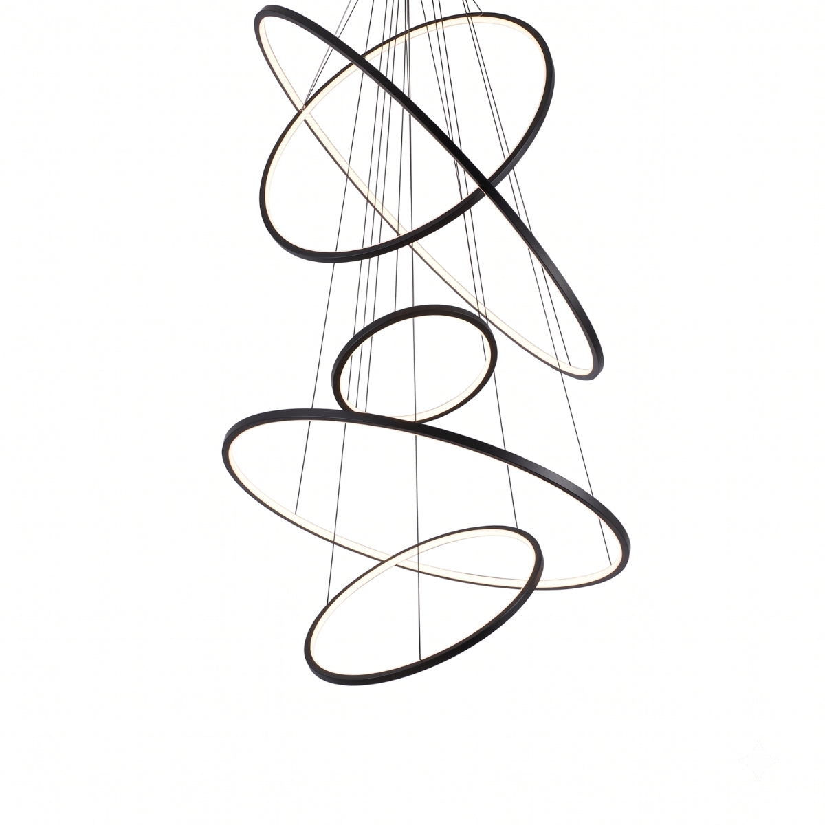 A modern multi-ring chandelier with intersecting oval and circular metal rings in a dark finish, suspended by thin cables against a plain white background.