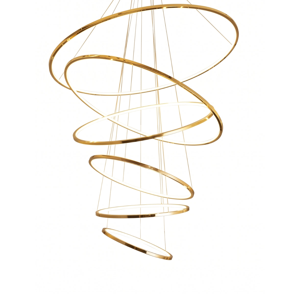 A modern spiral chandelier with multiple gold-toned interlocking rings suspended by thin cables against a plain white background.