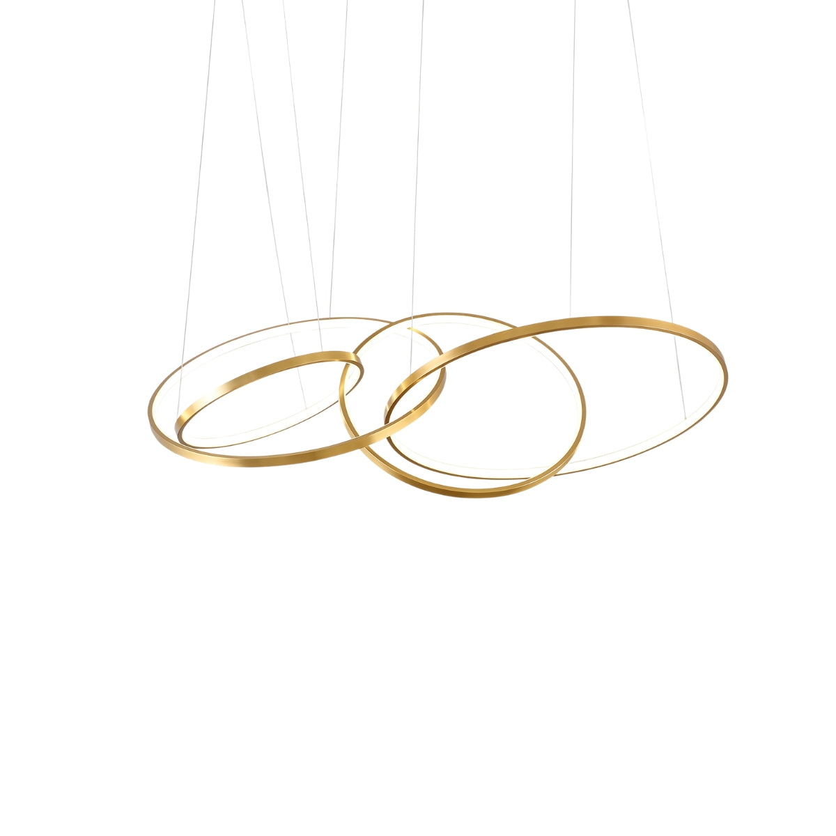A modern three-ring linear pendant chandelier in brushed gold, suspended by thin cables against a solid white background.