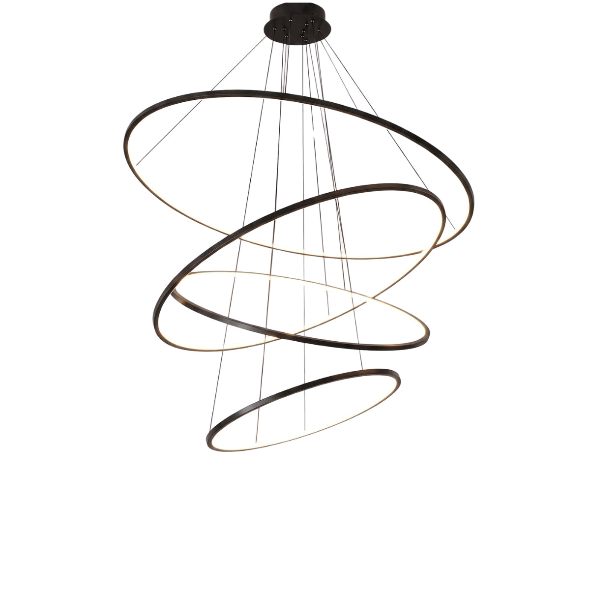A modern spiral LED chandelier with three intersecting circular rings in a dark bronze finish, suspended by thin cables from a matching round ceiling canopy, shown against a solid white background.