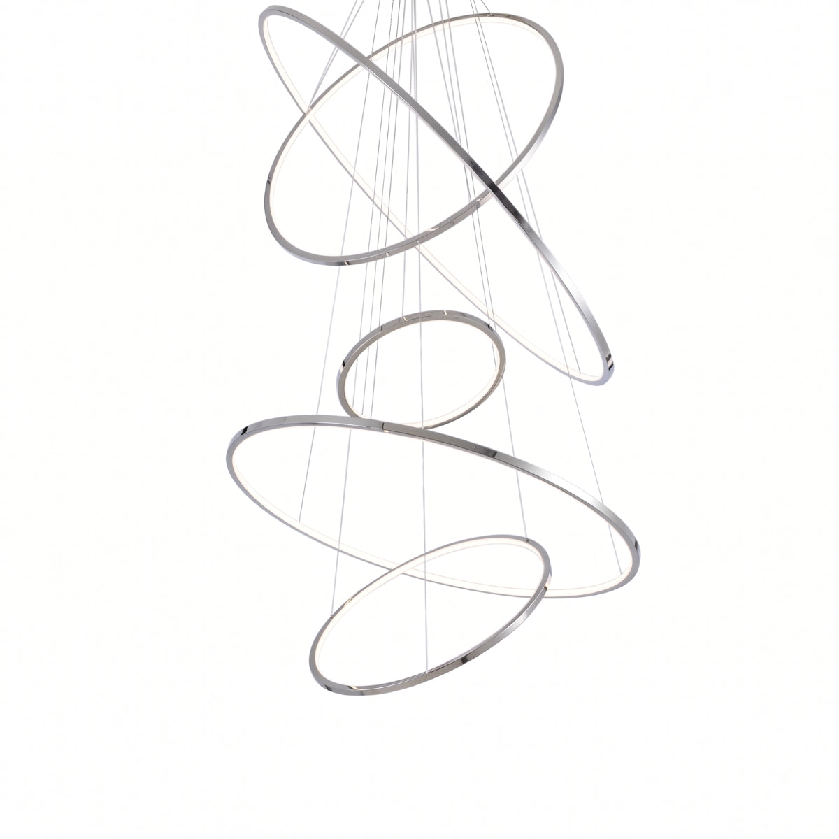 A modern multi-ring spiral chandelier with a polished chrome finish, suspended by fine cables against a solid white background.