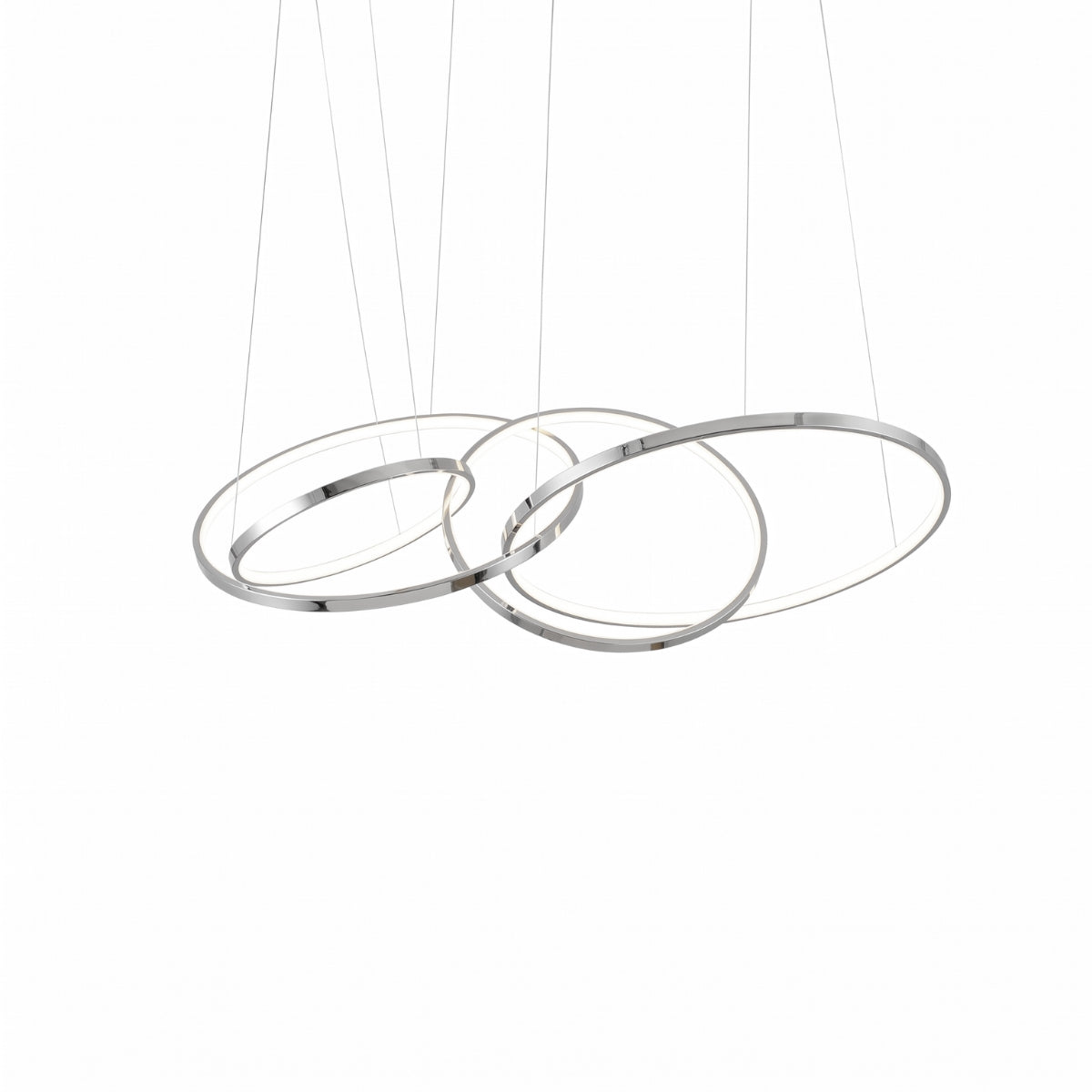 A modern three-ring linear LED chandelier with a polished chrome finish, suspended by thin cables against a solid white background.