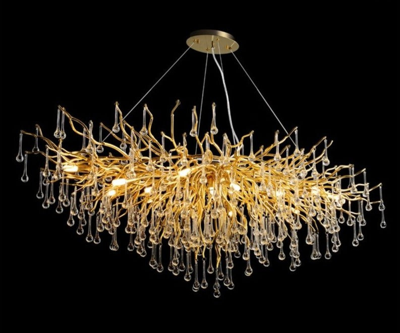 Lights of Scandinavia - ooze - "-What on earth is that majestic being hanging from the ceiling?"  Majestic crystal chandelier. Unique lighting for dining rooms, living areas, entrance halls, hotel areas, restaurants, etc.    K9 crystals with silver/gold metal plated aluminum frame. - A work of art.  2 sizes - 2 colors L120cm: L120xW50xH35cm, 12-25m2 L160cm: L160xW55xH35cm, 16kg, 15-30m2