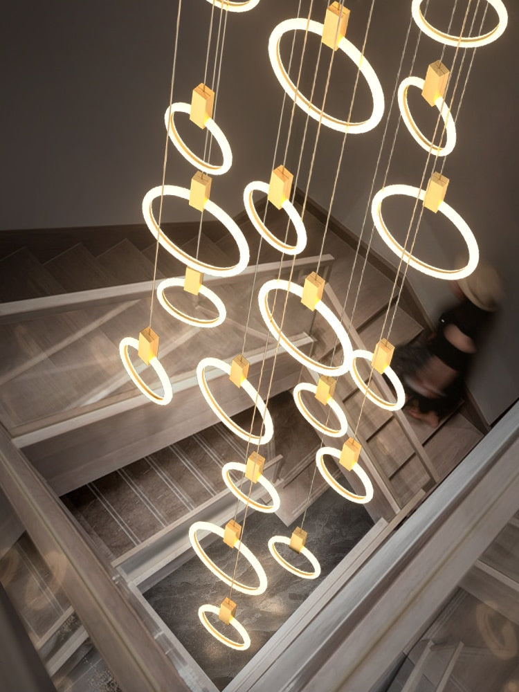 Lights of Scandinavia - Halo (alu) - Modern hanging stair LED chandelier. Perfect for creating a mood in any corner or in a stair. Aluminum/acrylic rings. Specifications Light Source LED Bulbs Base Type 2G11 Is Bulbs Included Dimmable Switch Type Power Source AC, 110-240V Lighting Area Coverage Installation Type Semiflush Mount Body Material Aluminum, Acrylic Warranty 2 years Certification CCC, CE, CQC, FCC, GS, LVD, PSE, ROHS, SAA, UL